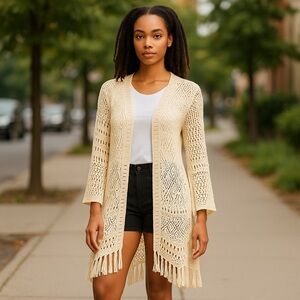 Chelsea & Violet Open Knit Fringe Cardigan in Cream Size Small